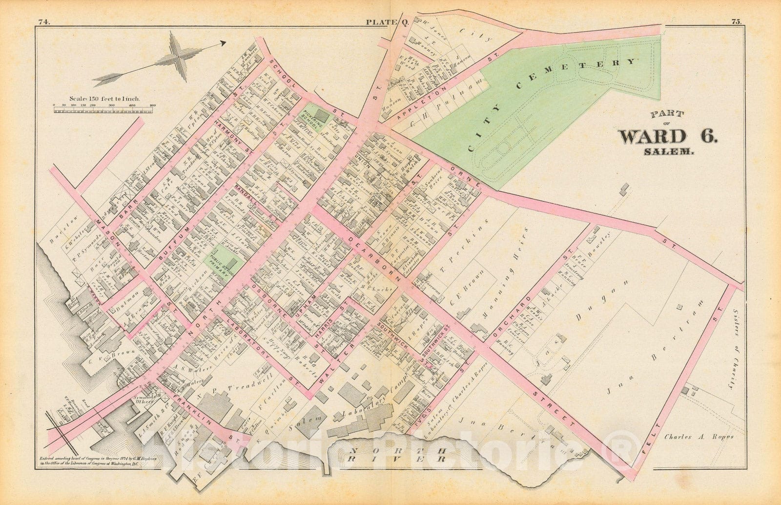 Historic Map : Atlas City of Salem, Massachusetts, Salem 1874 Plate Q , Vintage Wall Art
