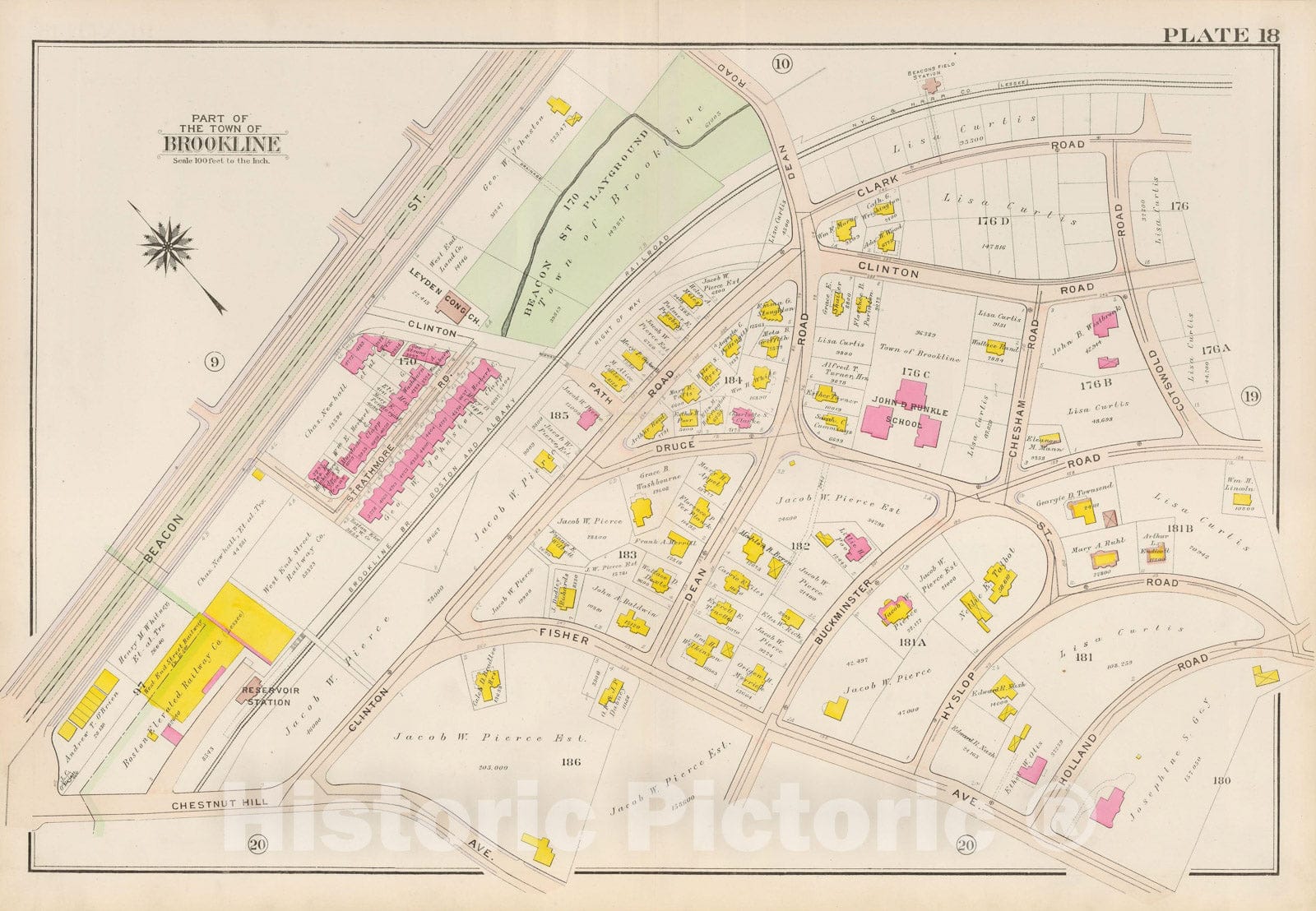 Historic Map : Atlas Town of Brookline, Brookline 1907 Plate 018 , Vintage Wall Art