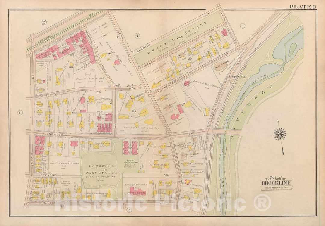 Historic Map : Atlas Town of Brookline, Brookline 1919 Plate 003 , Vintage Wall Art