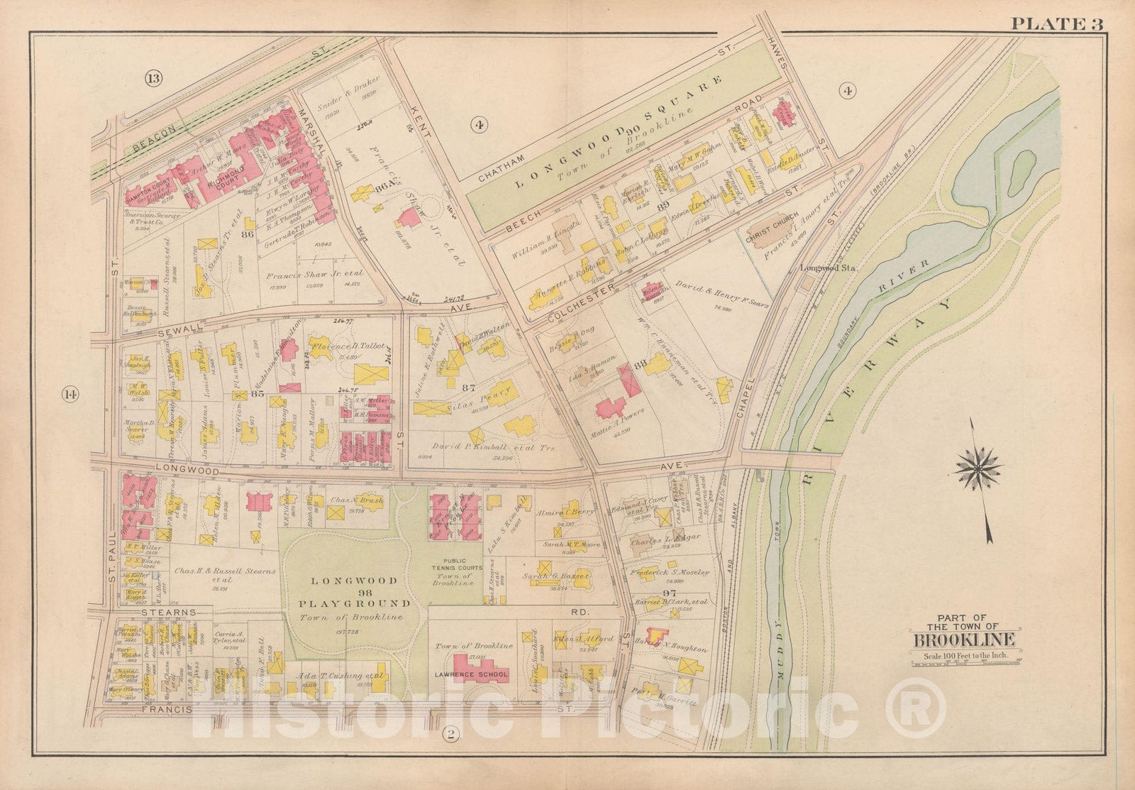 Historic Map : Atlas Town of Brookline, Brookline 1919 Plate 003 , Vintage Wall Art