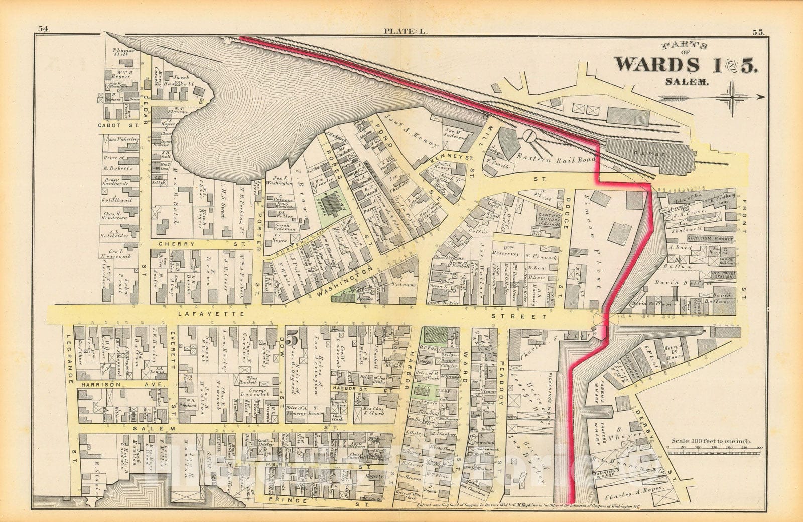 Historic Map : Atlas City of Salem, Massachusetts, Salem 1874 Plate L , Vintage Wall Art