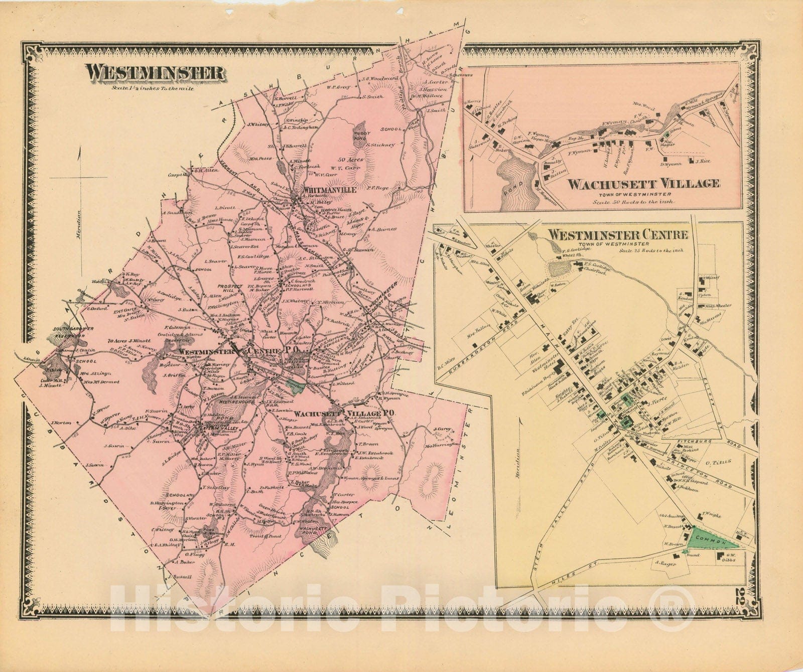Historic Map : Atlas of Worcester County, Massachsuetts, Westminster 1870 , Vintage Wall Art