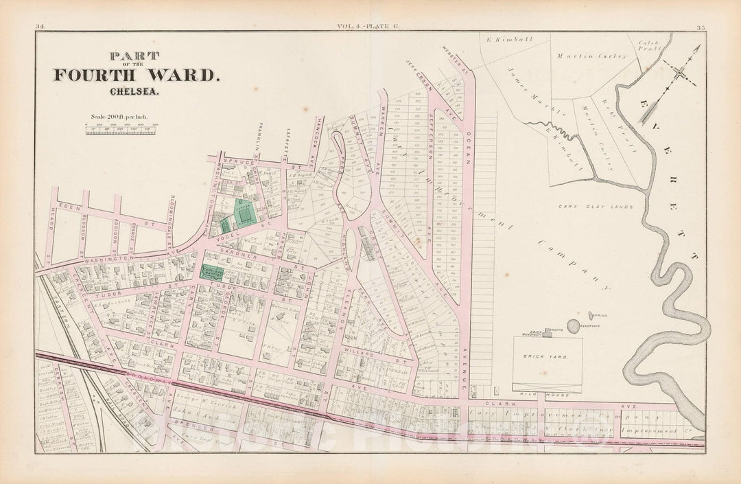 Historic Map : Atlas of county of Suffolk, MA Vol. 4, Chelsea 1874 Plate G , Vintage Wall Art