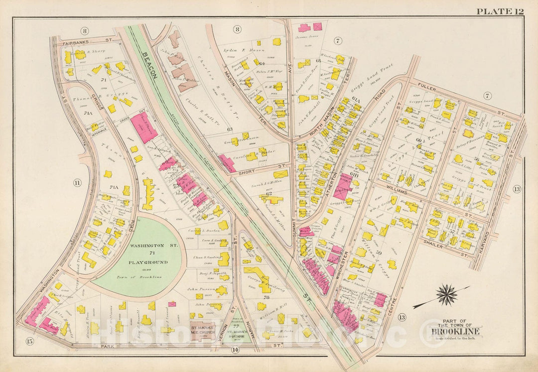 Historic Map : Atlas Town of Brookline, Brookline 1907 Plate 012 , Vintage Wall Art