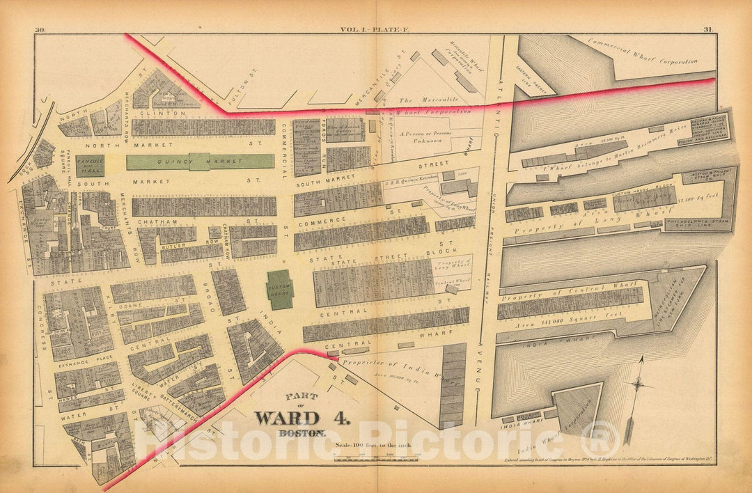 Historic Map : Atlas of County of Suffolk, MA Vol. 1 including Boston Proper, Boston 1874 Plate F , Vintage Wall Art