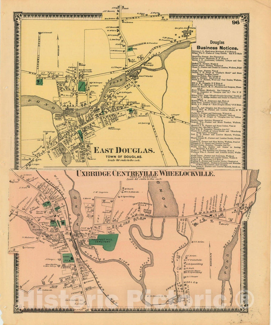 Historic Map : Atlas of Worcester County, Massachsuetts, Douglas & Uxbridge 1870 , Vintage Wall Art