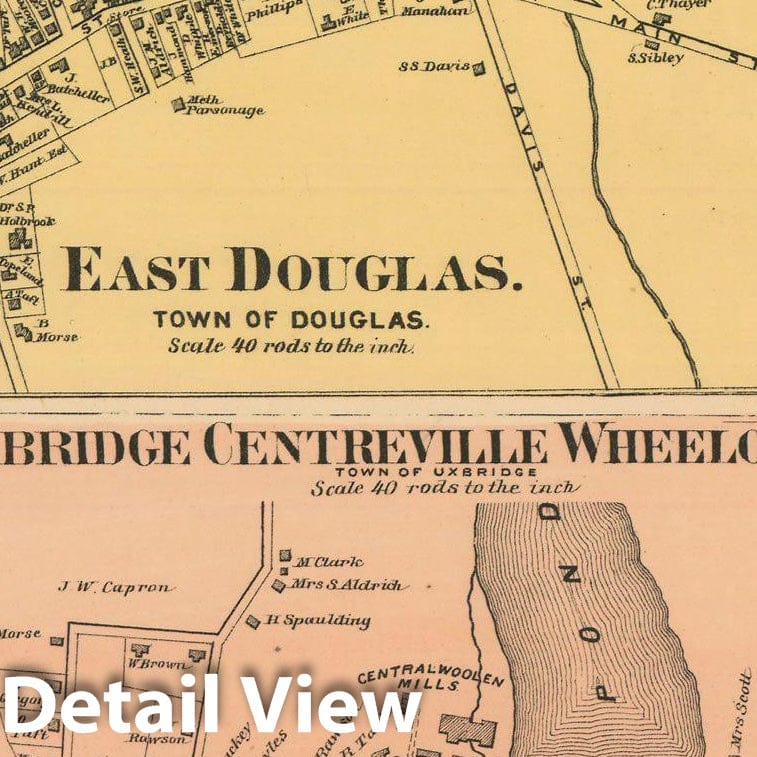 Historic Map : Atlas of Worcester County, Massachsuetts, Douglas & Uxbridge 1870 , Vintage Wall Art