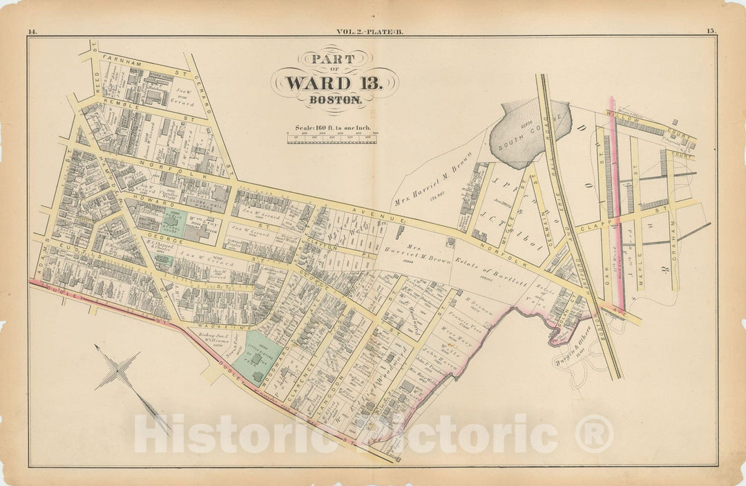 Historic Map : Atlas of County of Suffolk, MA Vol. 2nd, Roxbury 1873 Plate B , Vintage Wall Art