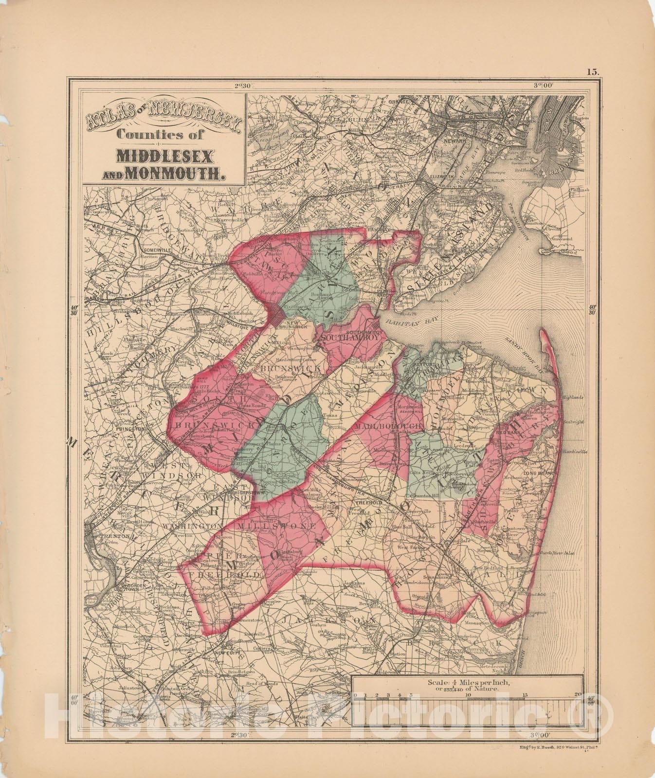 Historic Map : Middlesex & Monmouth 1873, Combined Atlas State of New Jersey & The County of Hudson , Vintage Wall Art