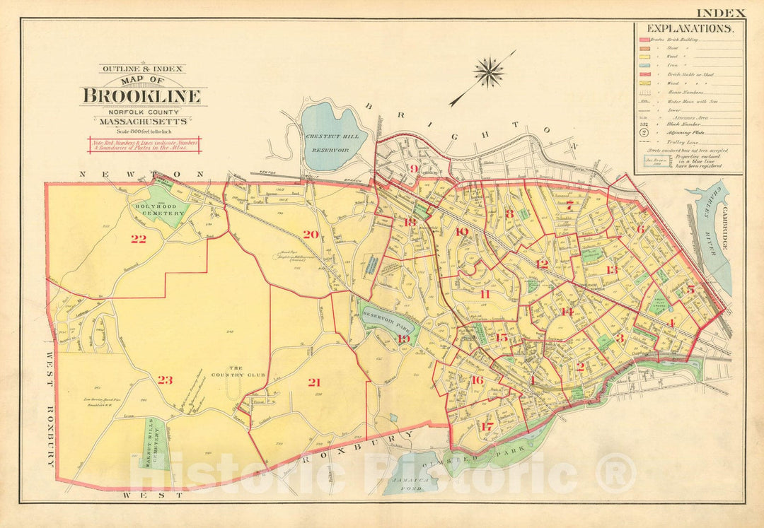 Historic Map : Atlas Town of Brookline, Norfolk County Massachusetts, Brookline 1913 Index Plate , Vintage Wall Art