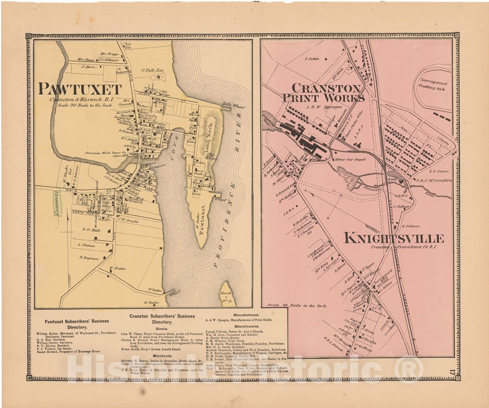 Historic Map : Atlas State of Rhode Island, Knightsville & Pawtuxet 1870 , Vintage Wall Art