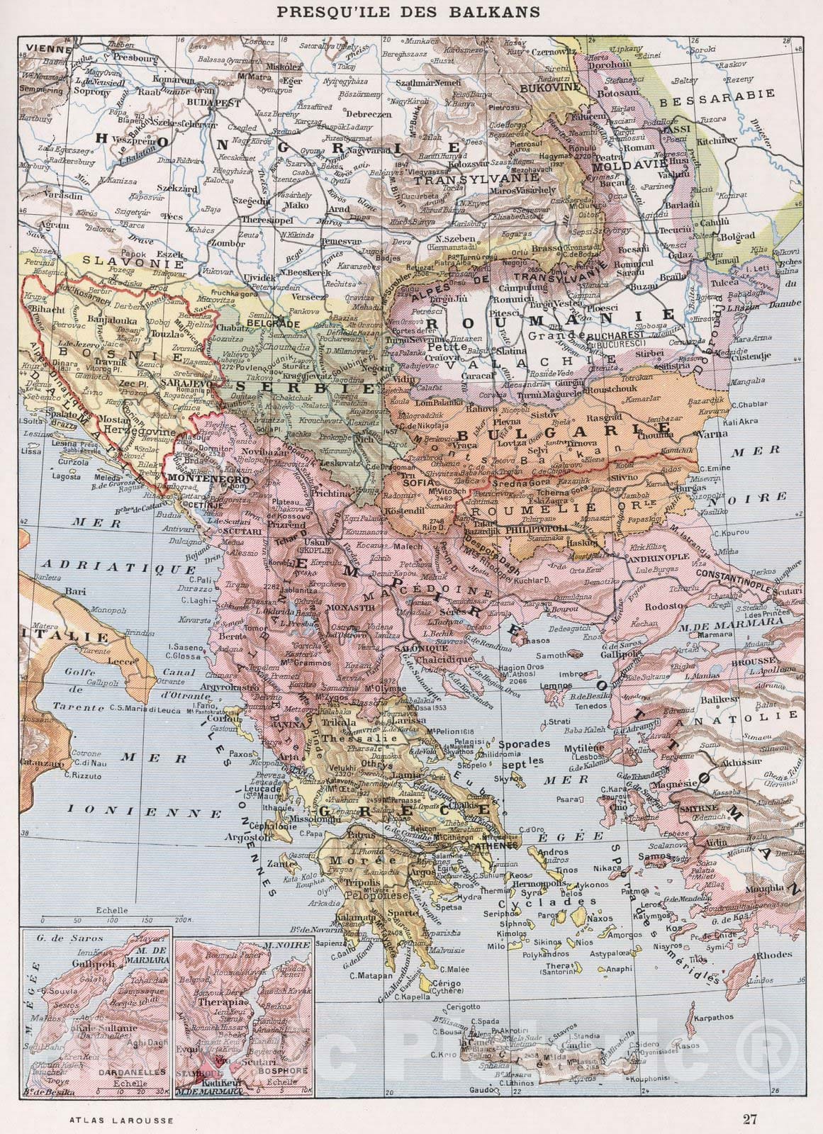 Historic Map : Greece, BalkansPresqu'ile des Balkans. 1900 , Vintage Wall Art