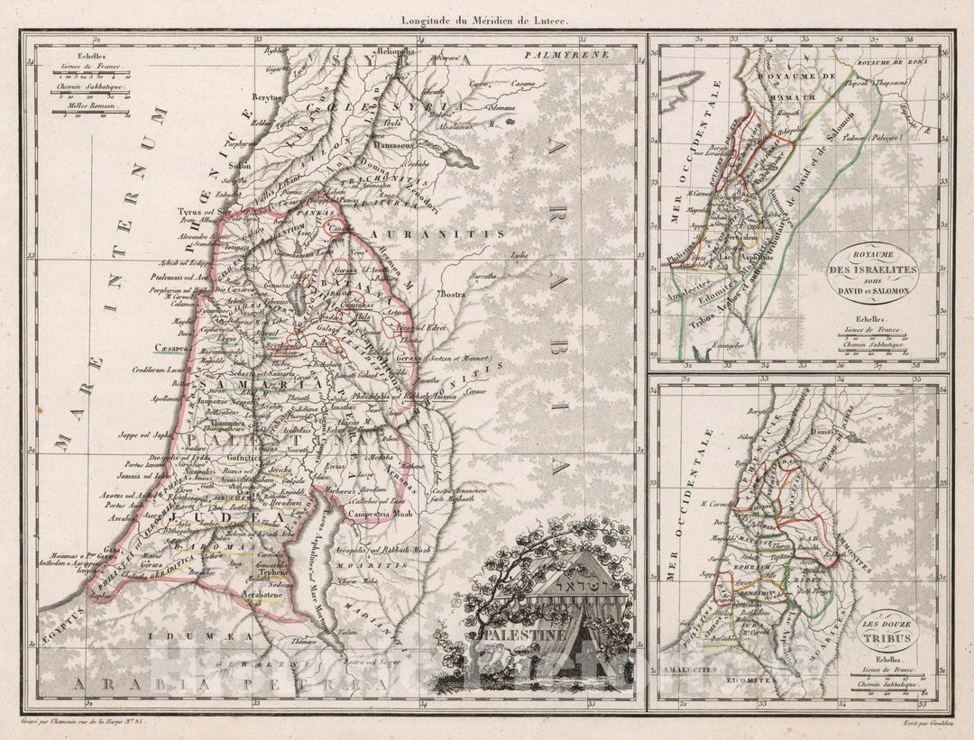 Historic Map : Israel,Palestine. Royaume des Israelites sous David et Salomon. Des Douze Tribus. 1812 , Vintage Wall Art