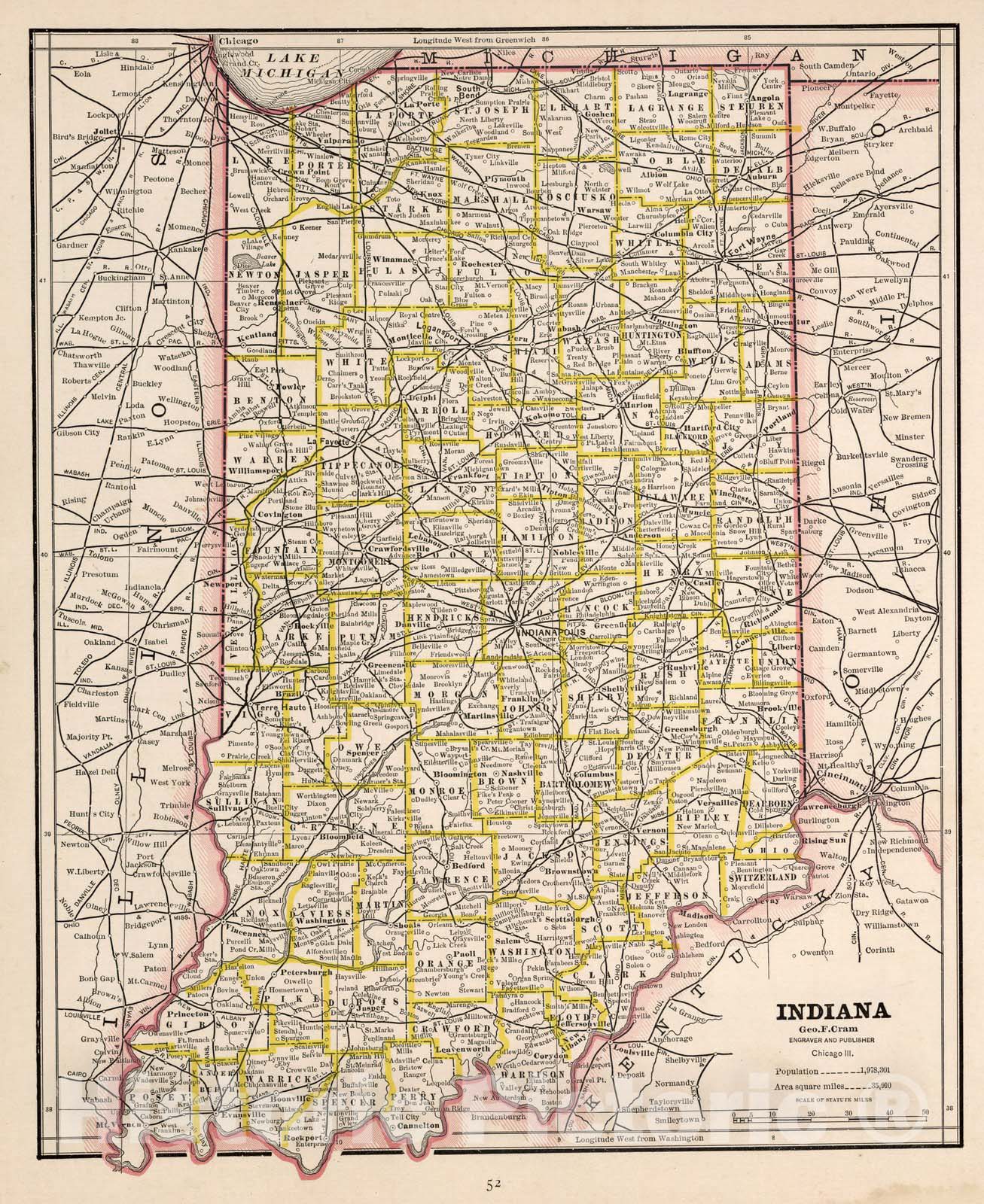Historic Map : World Atlas Map, Indiana. 1882 - Vintage Wall Art