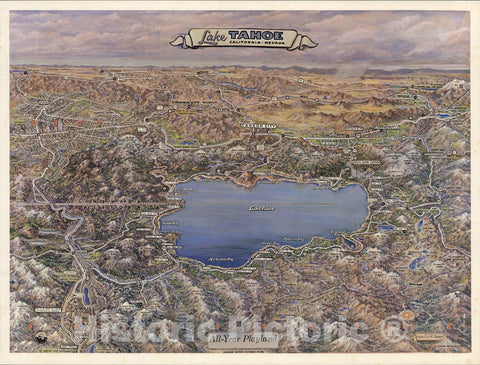 Historic Wall Map : Lake Tahoe California - Nevada; All Year Playground. 1965 - Vintage Wall Art