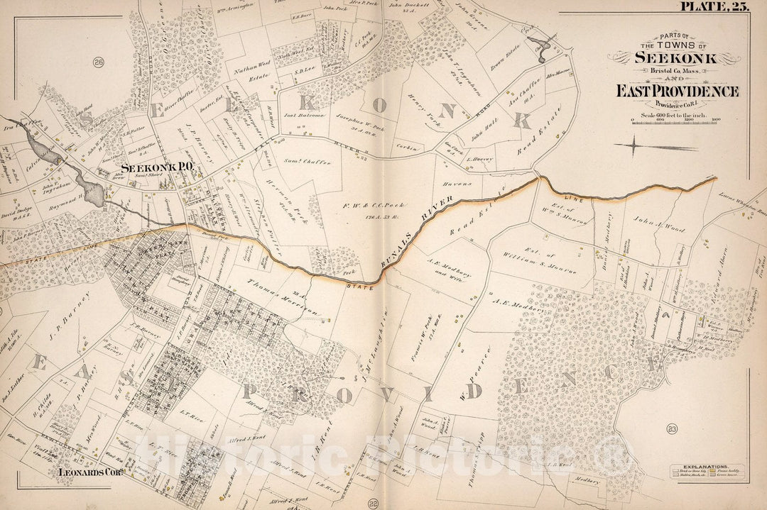 Historic Wall Map : East Providence (R.I.), Plate 25. Parts of the Towns of Seekonk, Bristol Co, Mass. and East Providence, Providence Co, R.I. 1882 - Vintage Wall Art
