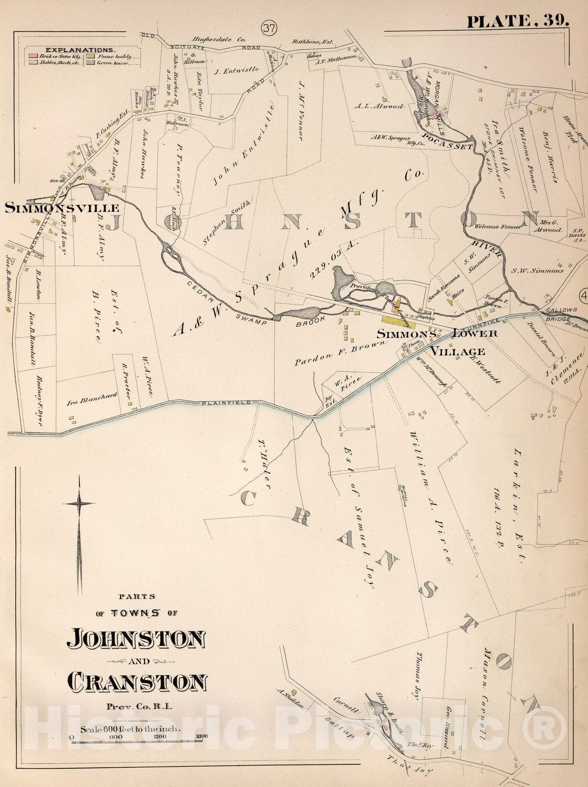 Historic Map : Johnston (R.I.), City Atlas Map, Plate 39. Parts of Towns of Johnston and Cranston, Prov. Co, R.I. 1882 - Vintage Wall Art