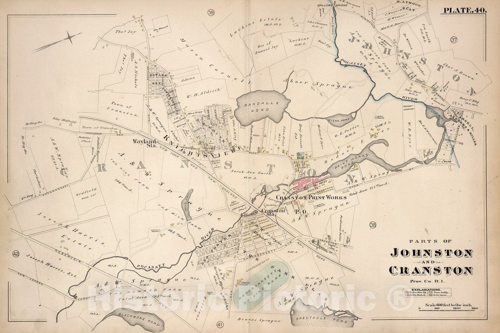 Historic Map : Cranston (R.I.), City Atlas Map, Plate 40. Parts of Johnston and Cranston, Prov. Co, R.I. 1882 - Vintage Wall Art