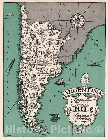 Historic Map : Argentina,Argentina. Chile. 1941 , Vintage Wall Art