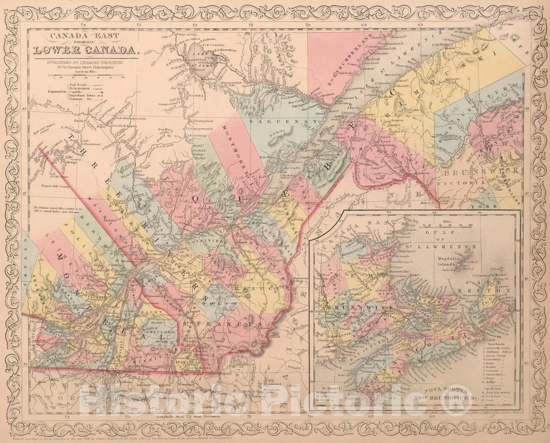Historic Wall Map : World Atlas Map, Canada East : Formerly Lower Canada. Published by Charles Desilver. 3 1856 - Vintage Wall Art