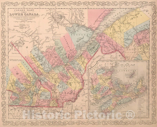 Historic Wall Map : World Atlas Map, Canada East : Formerly Lower Canada. Published by Charles Desilver. 3 1856 - Vintage Wall Art