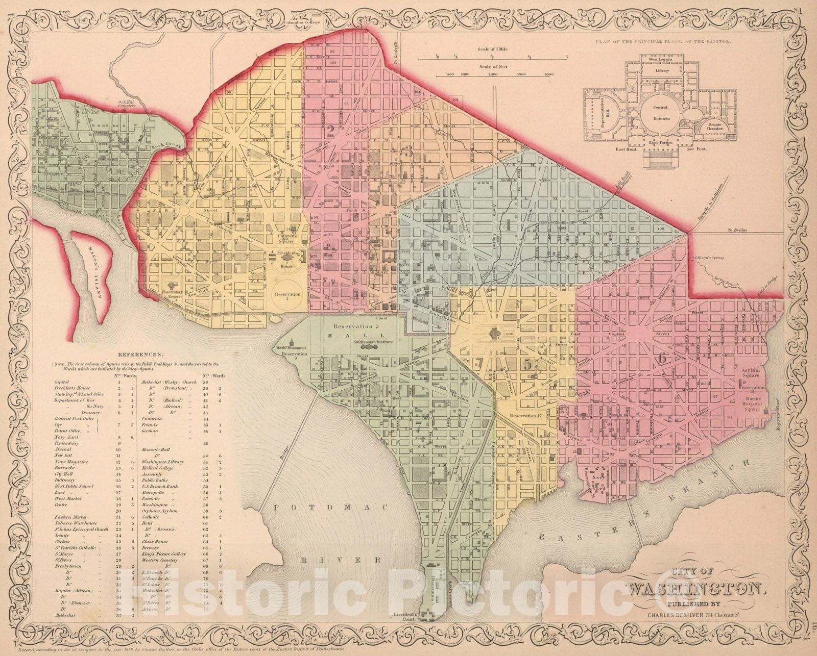 Historic Map : World Atlas Map, City of Washington : Published by Charles Desilver.16 1859 - Vintage Wall Art