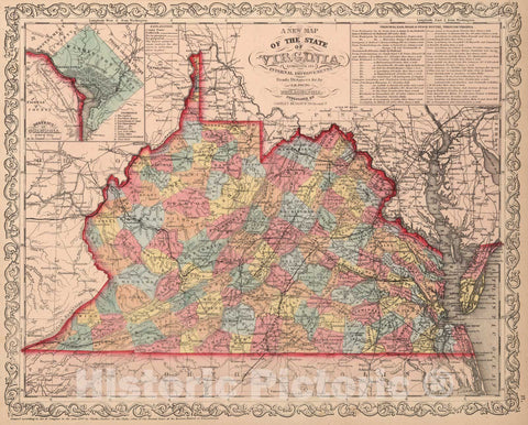 Historic Map : A New Map of the State of Virginia : Published by Charles Desilver, 1859 - Vintage Wall Art