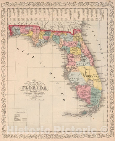 Historic Map : A New Map of the State of Florida : Published by Charles Desilver, 1859 - Vintage Wall Art