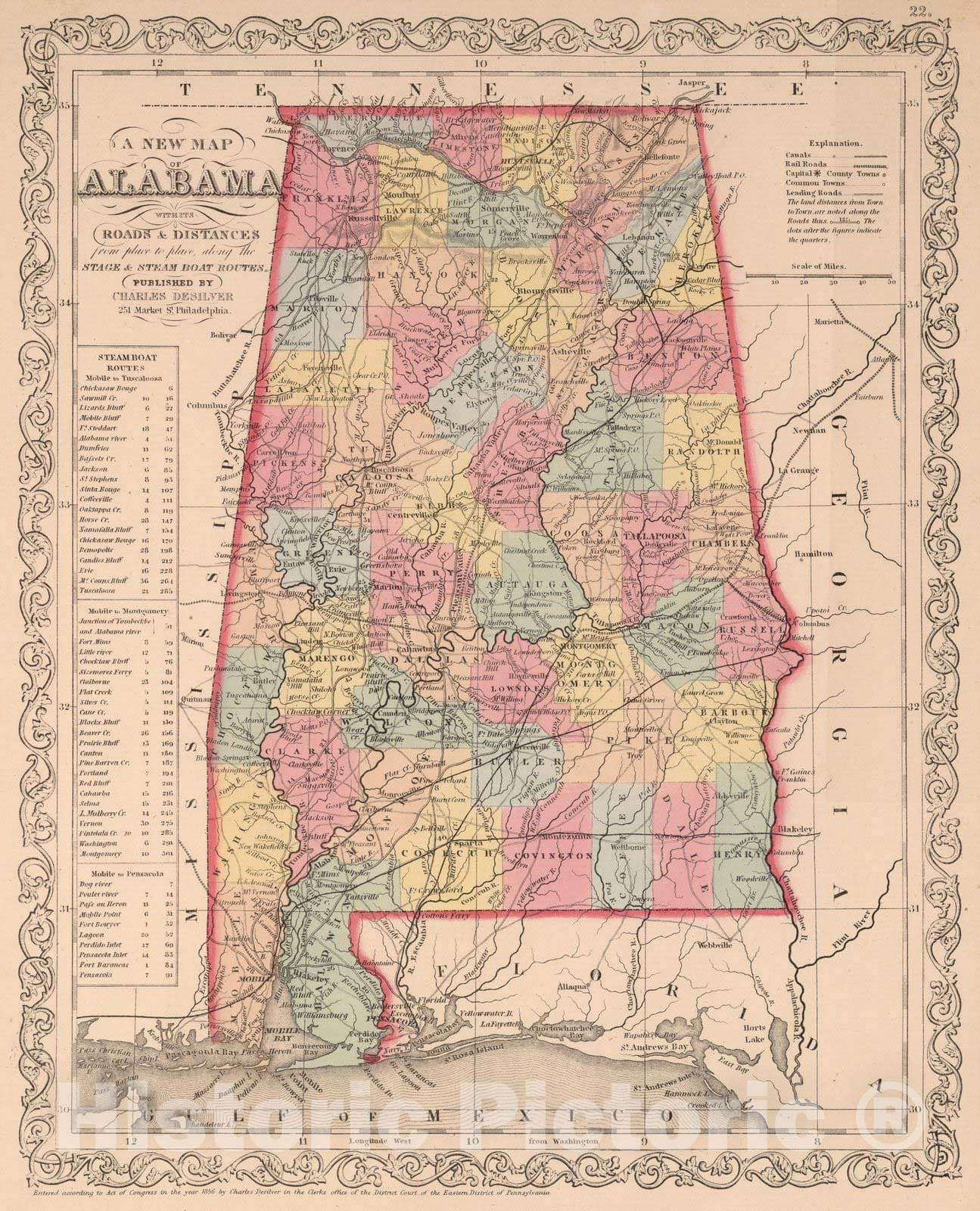 Historic Map : A New Map Alabama : Published by Charles Desilver, 1856 - Vintage Wall Art