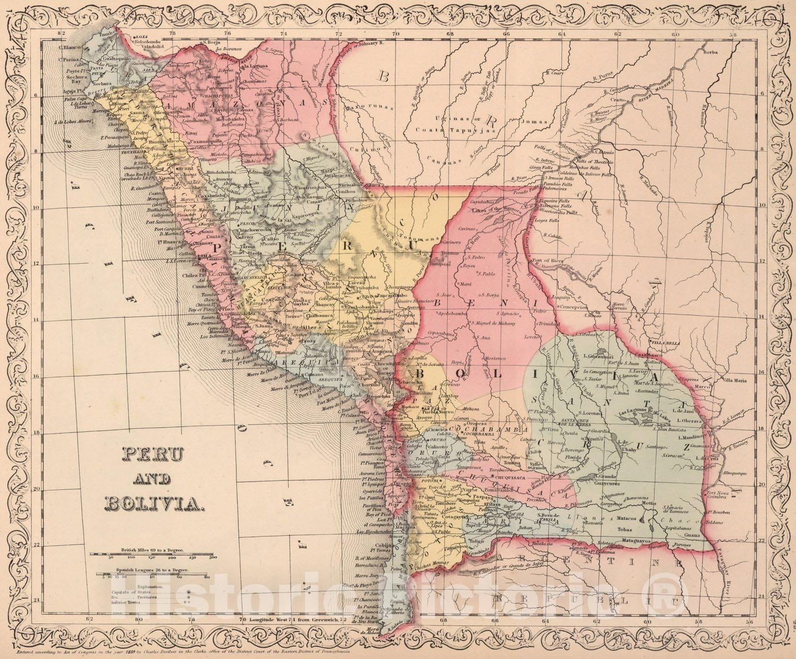 Historic Map : World Atlas Map, Peru and Bolivia. 45 1859 - Vintage Wall Art