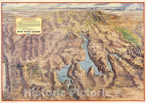 Historic Map - Panoramic Perspective of the Area Adjacent to Hoover Dam and Lake Mead Recreational Area, 1953, Union Pacific Railroad Company - Vintage Wall Art