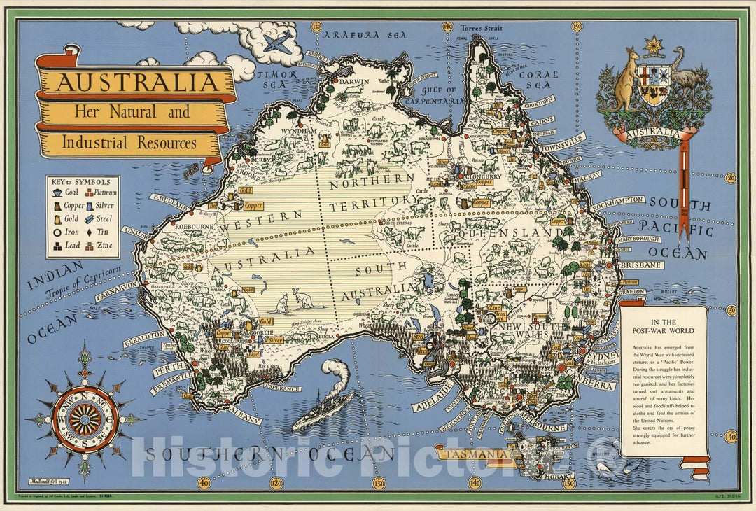 Historic Map : Australia: her natural and industrial resources 1947 - Vintage Wall Art