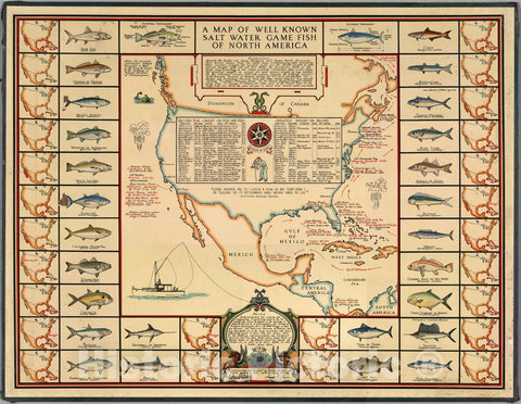 Historic Map - Map of Well Known Salt Water Game Fish of North America, 1936 - Vintage Wall Art