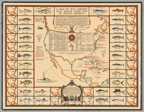 Historic Map - Map of Well Known Salt Water Game Fish of North America, 1936 - Vintage Wall Art