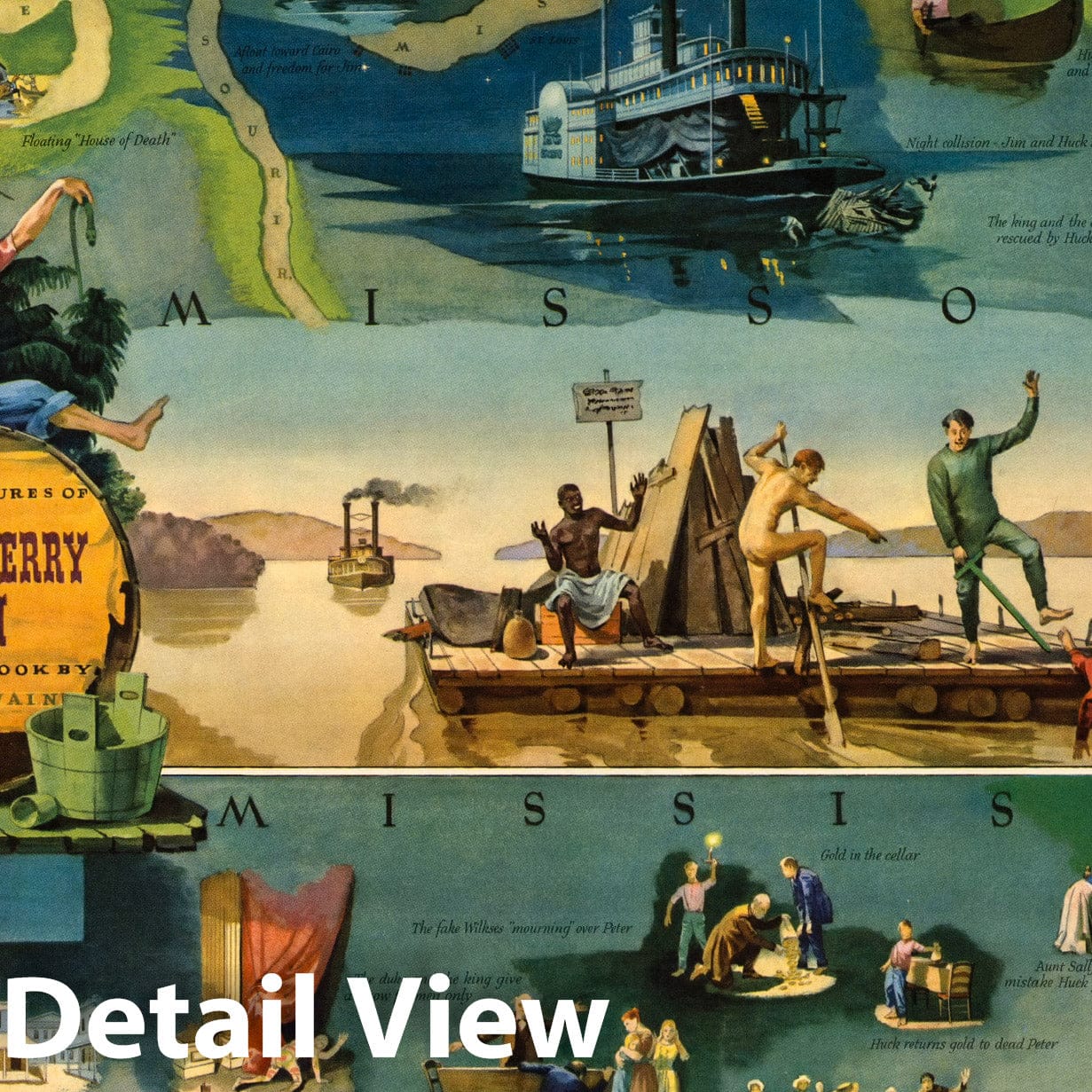 Historic Map : The Adventures of Huckleberry Finn from the Book by Mark Twain. 1959 - Vintage Wall Art