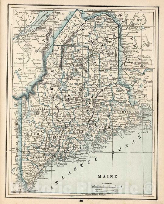 Historic Map : World Atlas Map, Maine 1893 - Vintage Wall Art