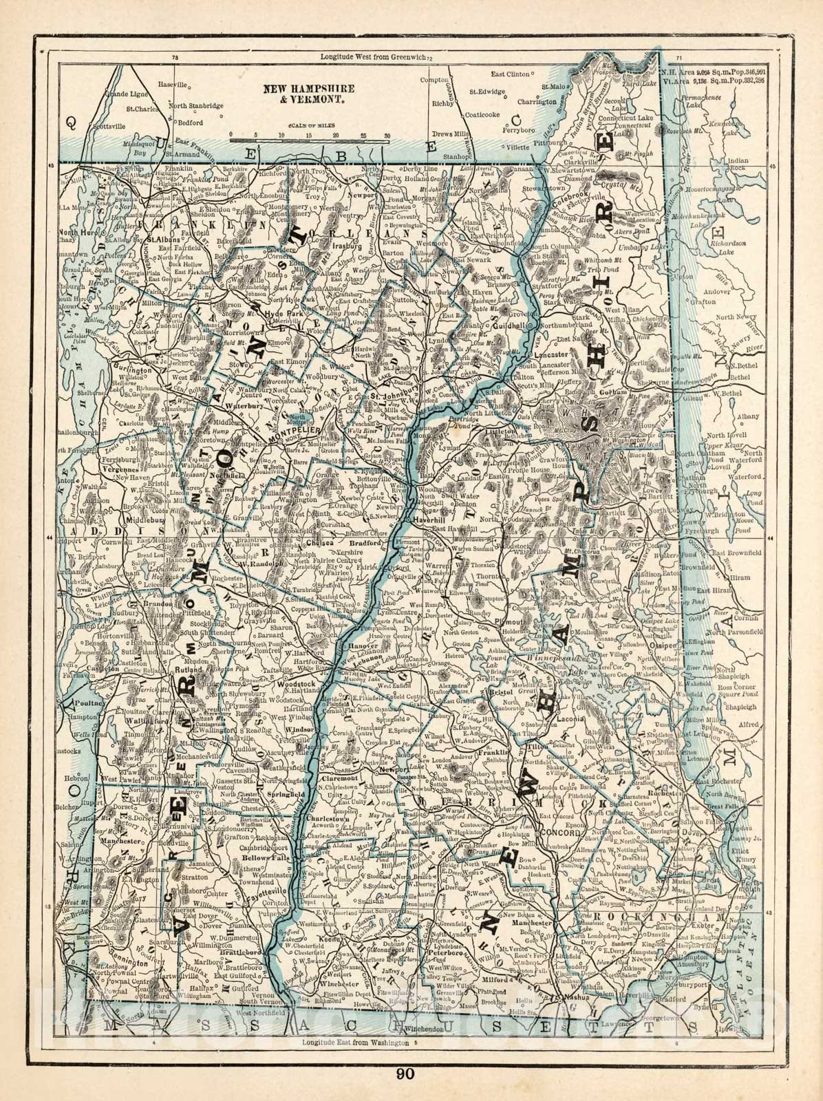Historic Map : World Atlas Map, New Hampshire and Vermont 1893 - Vinta ...
