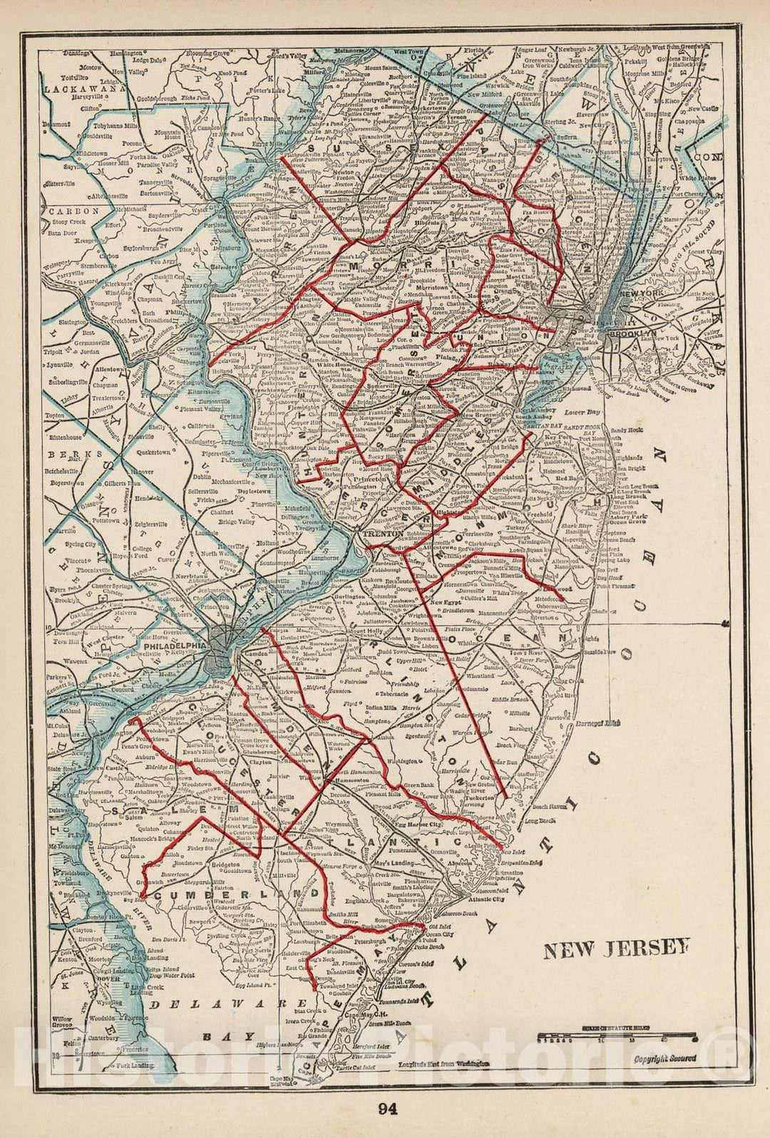 Historic Map : World Atlas Map, New Jersey 1893 - Vintage Wall Art