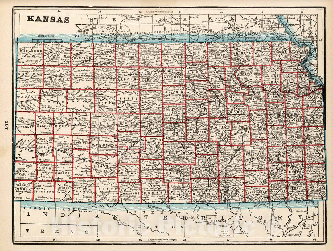 Historic Map : World Atlas Map, Kansas 1893 - Vintage Wall Art