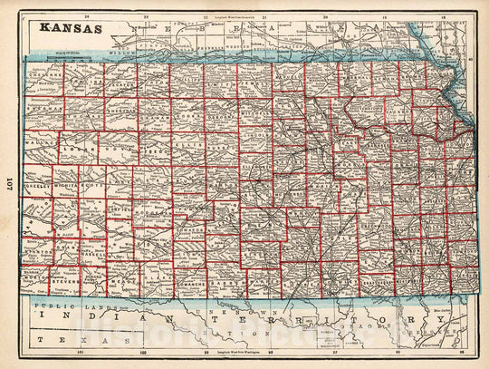 Historic Map : World Atlas Map, Kansas 1893 - Vintage Wall Art