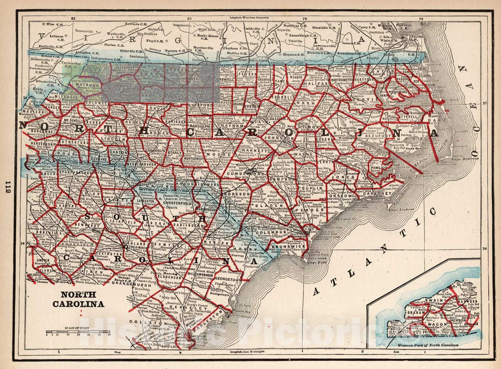 Historic Map - World Atlas Map, North Carolina 1893 - Vintage Wall Art