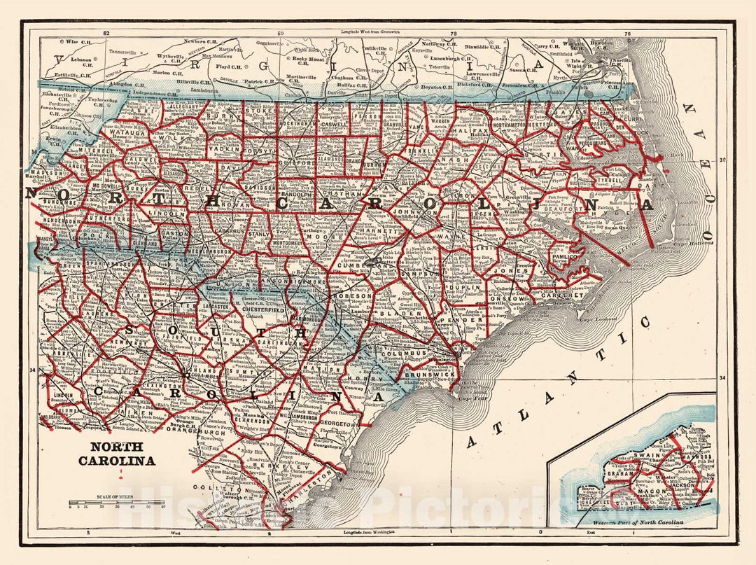 Historic Map - World Atlas Map, North Carolina 1893 - Vintage Wall Art