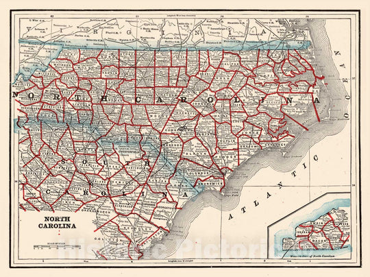 Historic Map - World Atlas Map, North Carolina 1893 - Vintage Wall Art