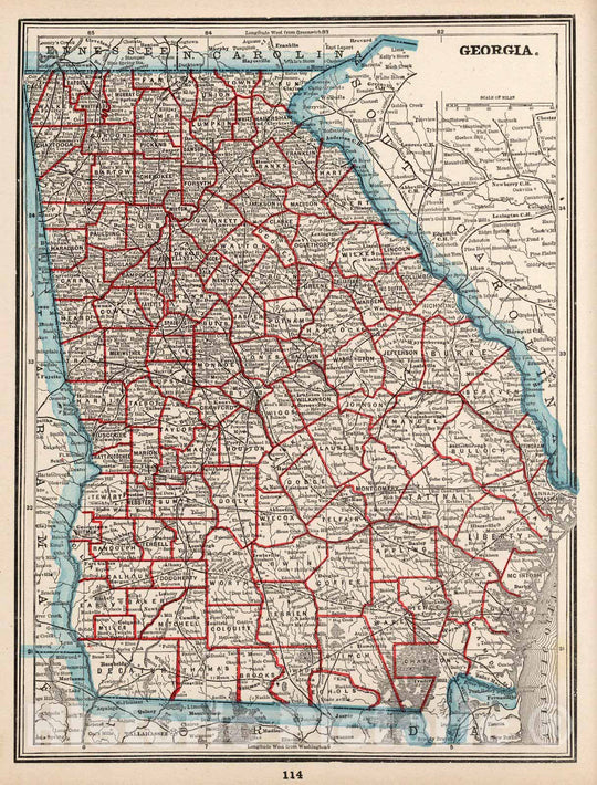 Historic Map - World Atlas Map, Georgia 1893 - Vintage Wall Art