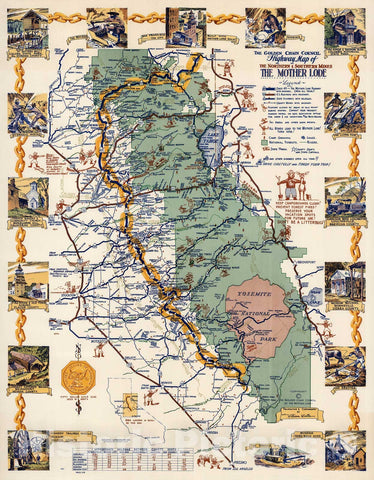 Historic Map - Golden Chain Council: Highway map of the northern & southern mines of Mother Lode, 1960 - Vintage Wall Art