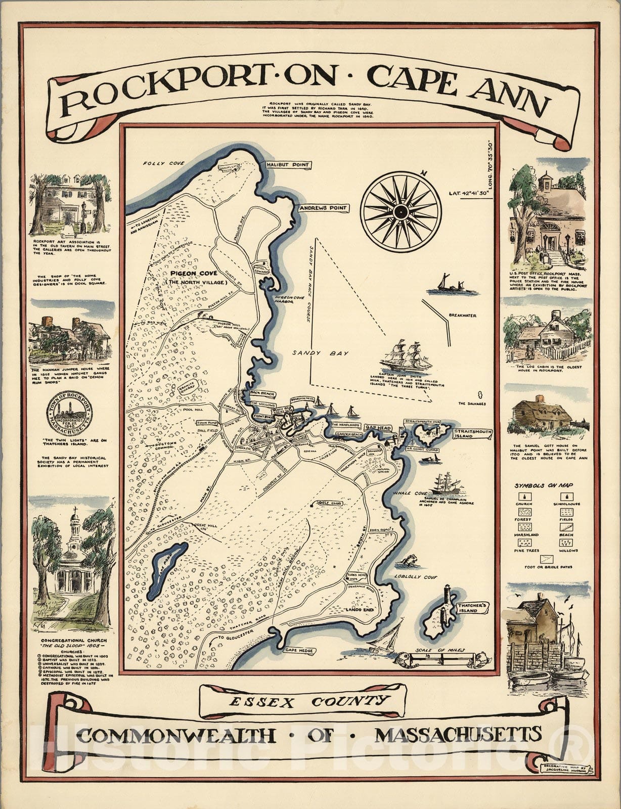 Historic Map : Rockport on Cape Ann, Essex County, Commonwealth of Massachussets 1940 - Vintage Wall Art