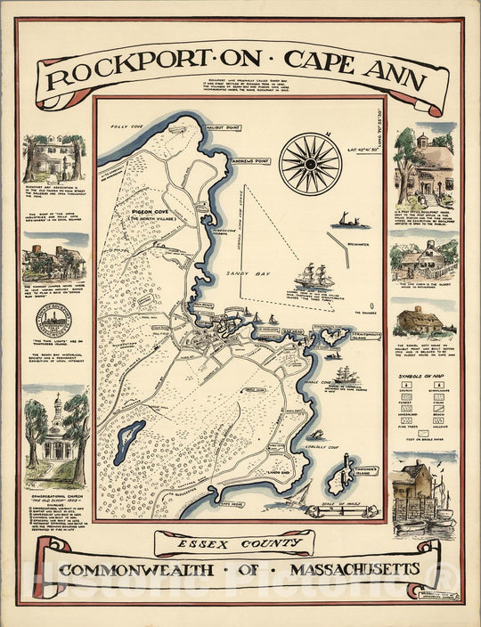 Historic Map : Rockport on Cape Ann, Essex County, Commonwealth of Massachussets 1940 - Vintage Wall Art