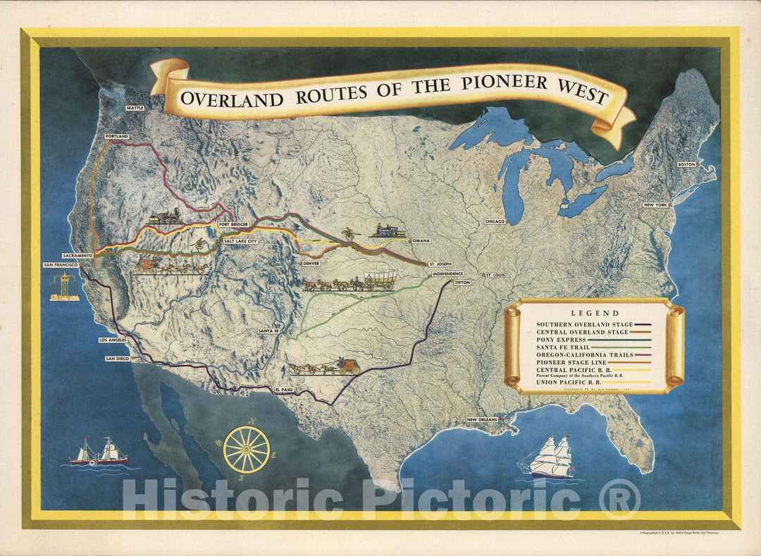 Historic Map : Overland routes of the pioneer West : Cartograph no. 2 by Al O. Dinsdale, 1951 1951 - Vintage Wall Art