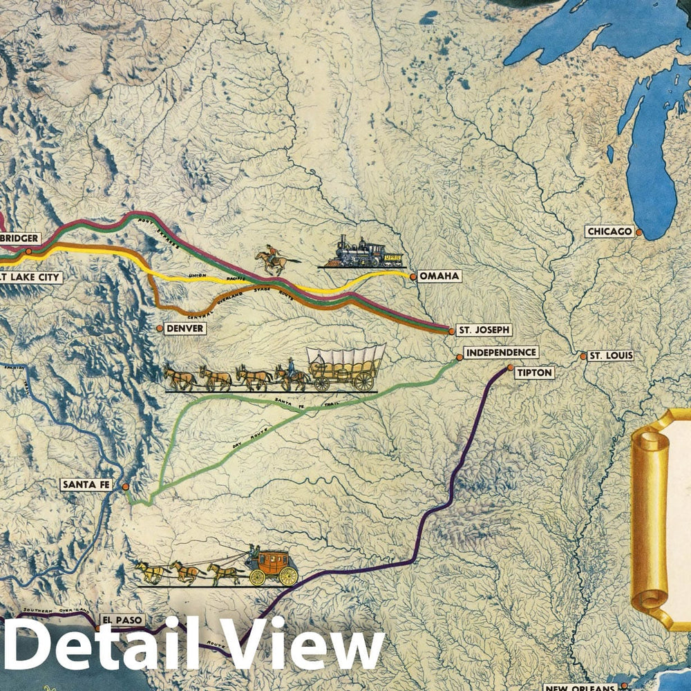 Historic Map : Overland routes of the pioneer West : Cartograph no. 2 by Al O. Dinsdale, 1951 1951 - Vintage Wall Art