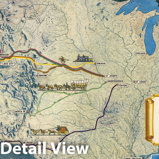 Historic Map : Overland routes of the pioneer West : Cartograph no. 2 by Al O. Dinsdale, 1951 1951 - Vintage Wall Art